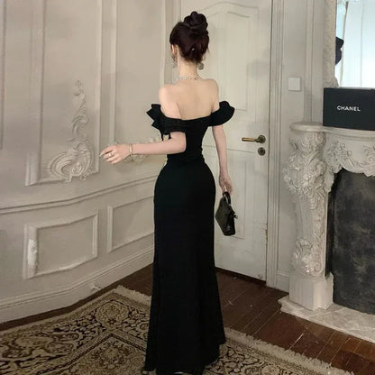 Glamorous Mermaid Off-the-Shoulder Ruffle-Accented Black Maxi Prom Dress for Women for sale