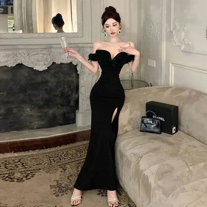 Glamorous Mermaid Off-the-Shoulder Ruffle-Accented Black Maxi Prom Dress for Women for sale