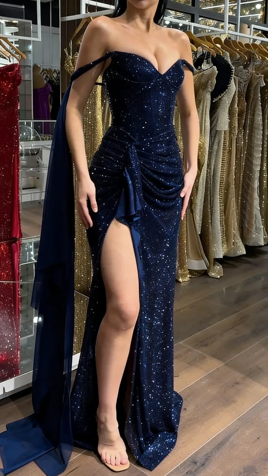 Glamorous Mermaid Off-the-Shoulder Sequin Slit Evening Gown Party Dress