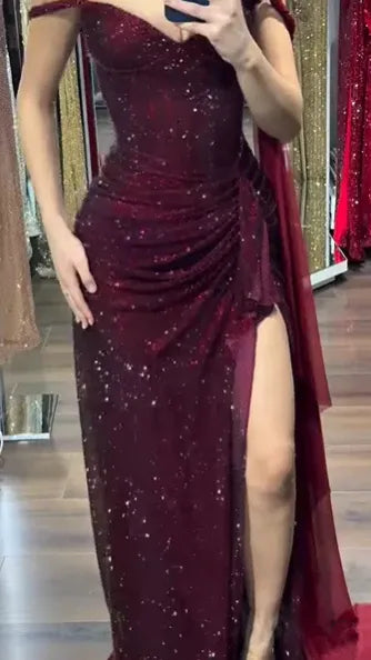Glamorous Mermaid Off-the-Shoulder Sequin Slit Evening Gown Party Dress
