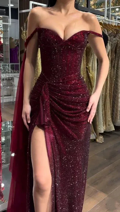Glamorous Mermaid Off-the-Shoulder Sequin Slit Evening Gown Party Dress