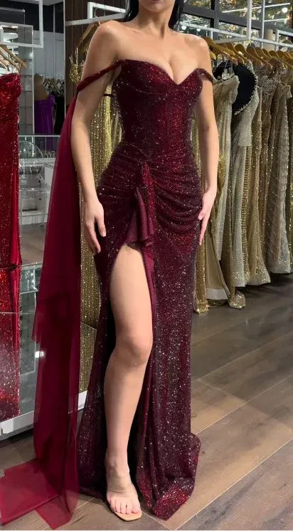 Glamorous Mermaid Off-the-Shoulder Sequin Slit Evening Gown Party Dress