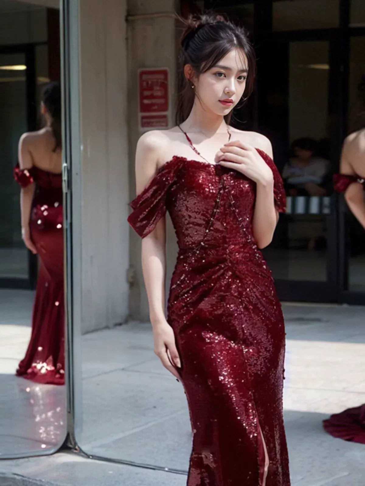 Glamorous Mermaid Off-the-shoulder Short-sleeved Sequin Burgundy Maxi Prom Dress for Women Ready to Ship