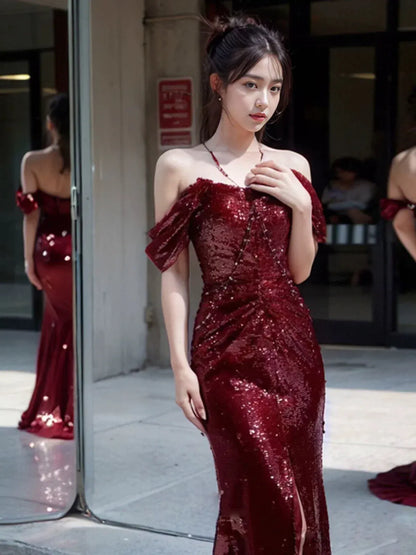 Glamorous Mermaid Off-the-shoulder Short-sleeved Sequin Burgundy Maxi Prom Dress for Women Ready to Ship