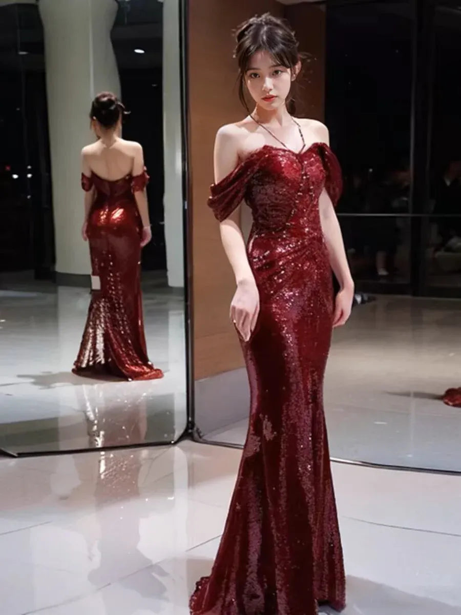 Glamorous Mermaid Off-the-shoulder Short-sleeved Sequin Burgundy Maxi Prom Dress for Women Ready to Ship