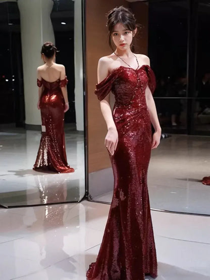 Glamorous Mermaid Off-the-shoulder Short-sleeved Sequin Burgundy Maxi Prom Dress for Women Ready to Ship