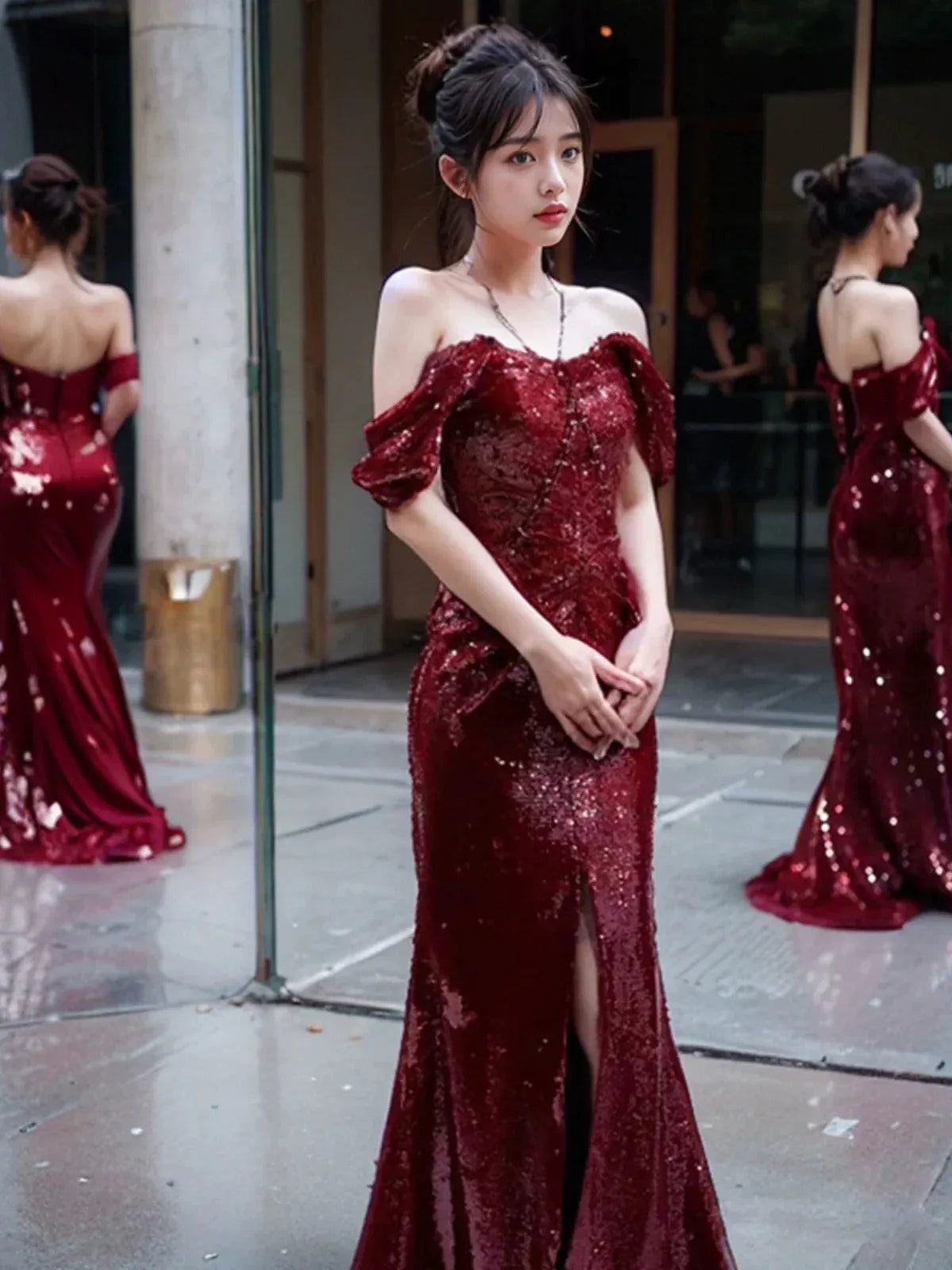 Glamorous Mermaid Off-the-shoulder Short-sleeved Sequin Burgundy Maxi Prom Dress for Women Ready to Ship