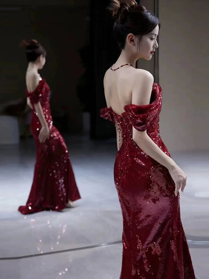 Glamorous Mermaid Off-the-shoulder Short-sleeved Sequin Burgundy Maxi Prom Dress for Women Ready to Ship