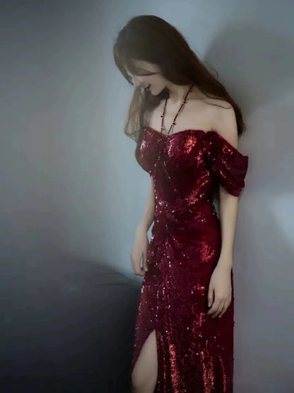 Glamorous Mermaid Off-the-shoulder Short-sleeved Sequin Burgundy Maxi Prom Dress for Women Ready to Ship