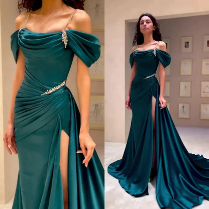 Glamorous Mermaid Off-the-shoulder Sleeveless Beaded Teal Maxi Prom Dress for Women Custom