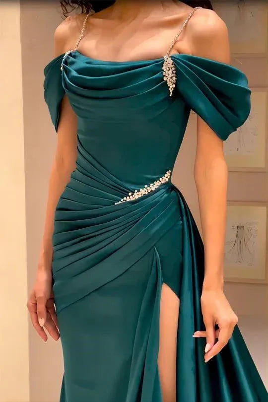 Glamorous Mermaid Off-the-shoulder Sleeveless Beaded Teal Maxi Prom Dress for Women Custom