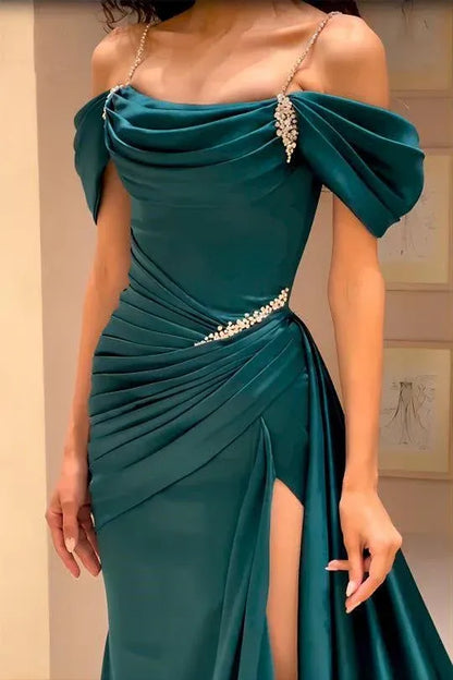 Glamorous Mermaid Off-the-shoulder Sleeveless Beaded Teal Maxi Prom Dress for Women Custom