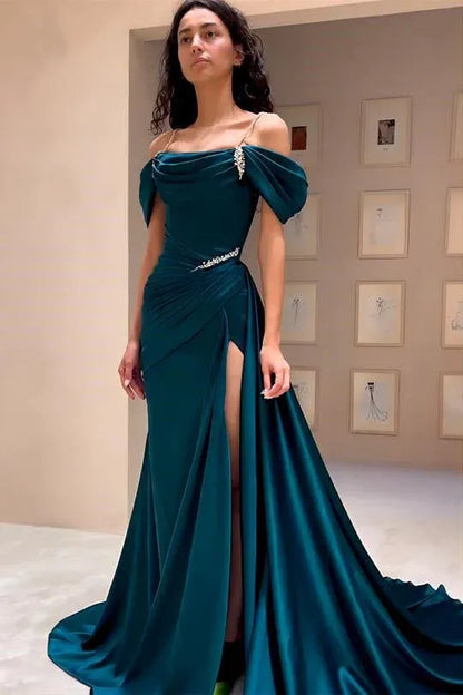 Glamorous Mermaid Off-the-shoulder Sleeveless Beaded Teal Maxi Prom Dress for Women Custom