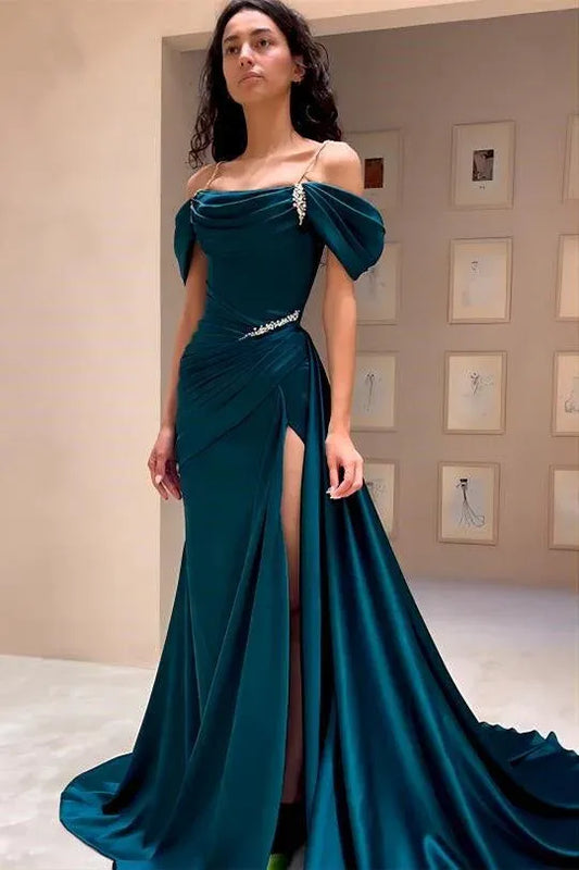 Glamorous Mermaid Off-the-shoulder Sleeveless Beaded Teal Maxi Prom Dress for Women Custom