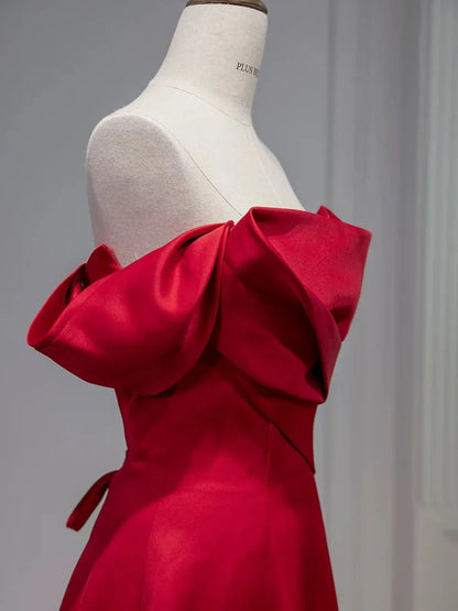 Glamorous Mermaid Off-the-shoulder Sleeveless Ruched Red Maxi Prom Dress for Women Ready to Ship