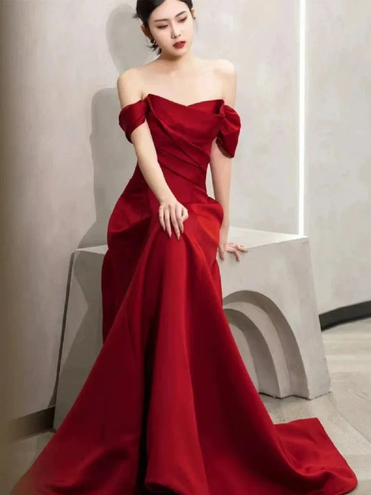 Glamorous Mermaid Off-the-shoulder Sleeveless Ruched Red Maxi Prom Dress for Women Ready to Ship