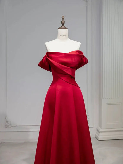 Glamorous Mermaid Off-the-shoulder Sleeveless Ruched Red Maxi Prom Dress for Women Ready to Ship