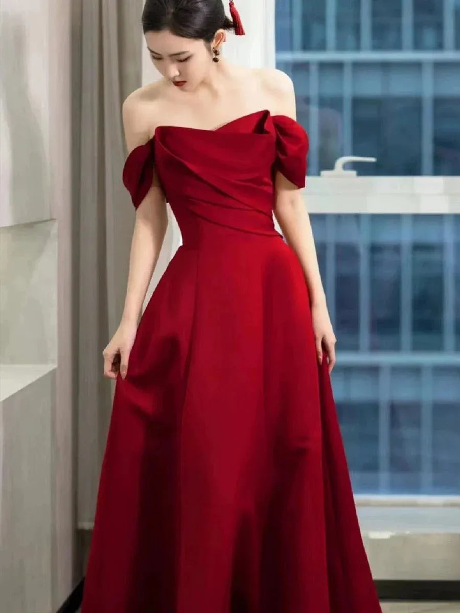 Glamorous Mermaid Off-the-shoulder Sleeveless Ruched Red Maxi Prom Dress for Women Ready to Ship