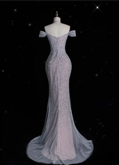Glamorous Mermaid Off Shoulder Beaded Silver Maxi Wedding Dress