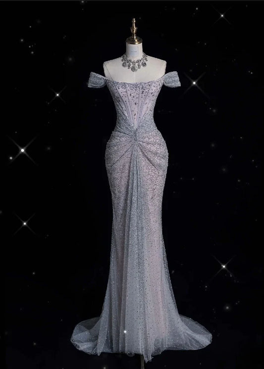 Glamorous Mermaid Off Shoulder Beaded Silver Maxi Wedding Dress