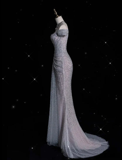 Glamorous Mermaid Off Shoulder Beaded Silver Maxi Wedding Dress