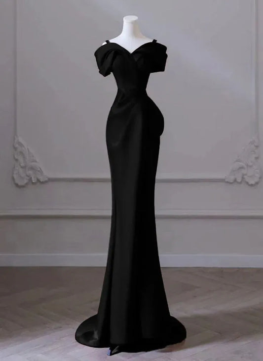 Glamorous Mermaid Off Shoulder Ruched Black Floor-Length Evening Dresses