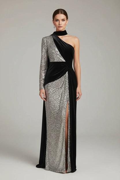 Glamorous Mermaid One-Shoulder Long-Sleeve Sequin-Accented Black Maxi Prom Dress for Women ready to ship