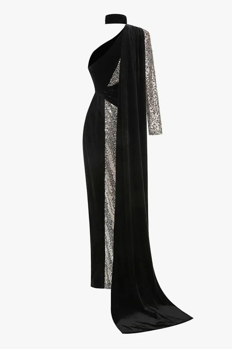 Glamorous Mermaid One-Shoulder Long-Sleeve Sequin-Accented Black Maxi Prom Dress for Women ready to ship