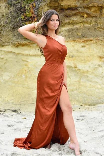 Glamorous Mermaid One-shoulder Ruched Rust Slit Train Prom Dress For Sale