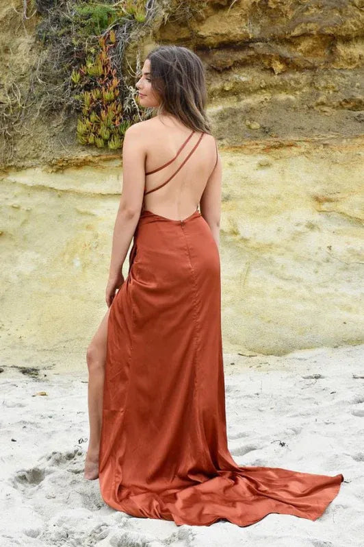 Glamorous Mermaid One-shoulder Ruched Rust Slit Train Prom Dress For Sale