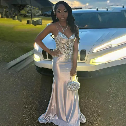 Glamorous Mermaid Spaghetti-Strap Sequin Satin Champagne Floor-Length Evening Dress for Women