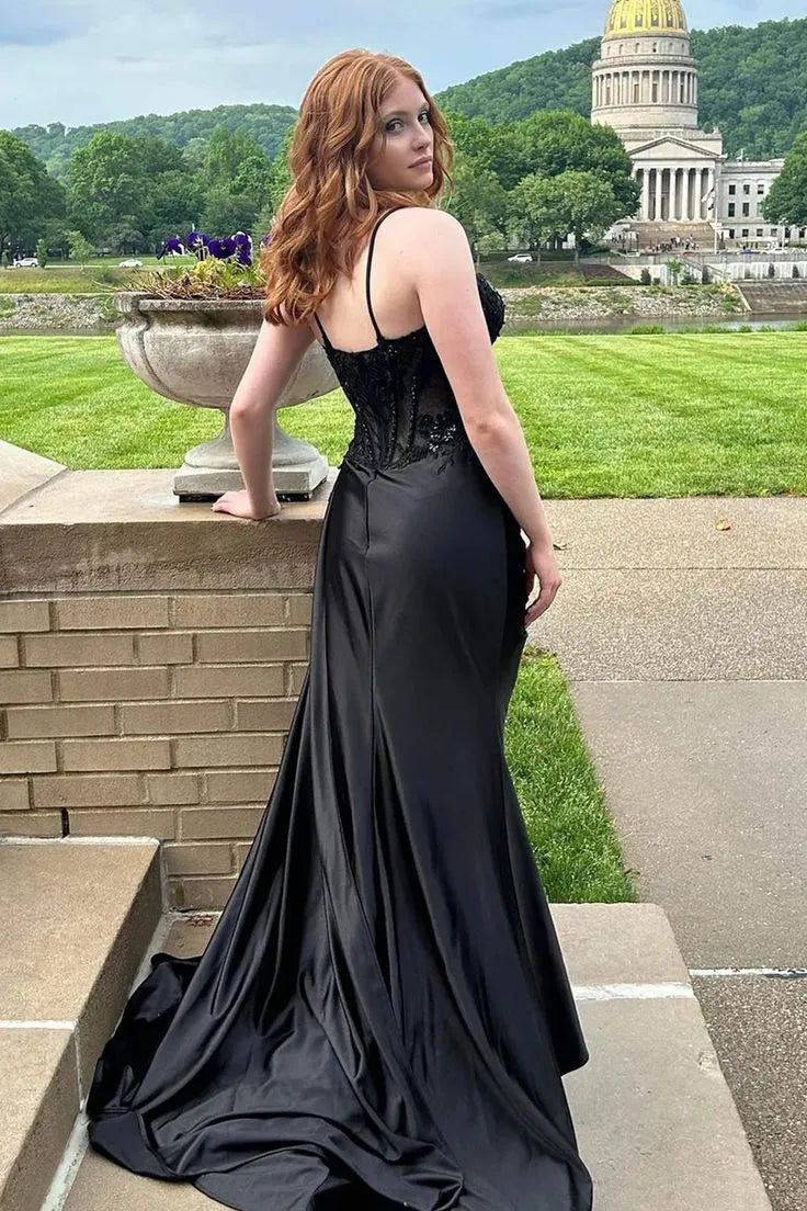 Glamorous Mermaid Spaghetti-Strap Sequin Satin Olive-Green Floor-Length Evening Dress for Women