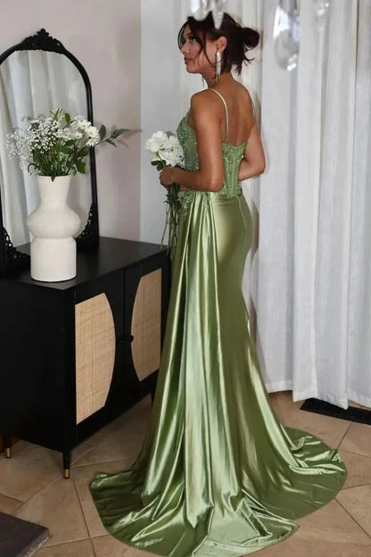 Glamorous Mermaid Spaghetti-Strap Sequin Satin Olive-Green Floor-Length Evening Dress for Women