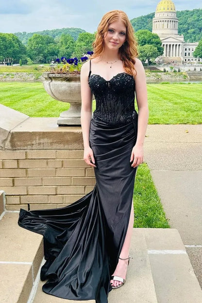 Glamorous Mermaid Spaghetti-Strap Sequin Satin Olive-Green Floor-Length Evening Dress for Women