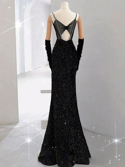 Glamorous Mermaid Spaghetti-Strap Sleeveless Sequin Black Maxi Prom Dress for Women Custom