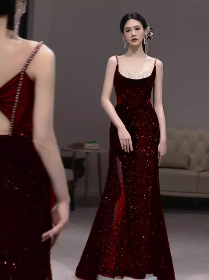 Glamorous Mermaid Spaghetti-Strap Sleeveless Sequin Black Maxi Prom Dress for Women Custom