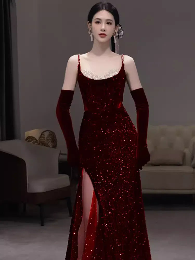 Glamorous Mermaid Spaghetti-Strap Sleeveless Sequin Black Maxi Prom Dress for Women Custom
