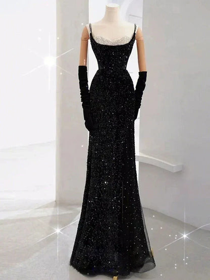 Glamorous Mermaid Spaghetti-Strap Sleeveless Sequin Black Maxi Prom Dress for Women Custom