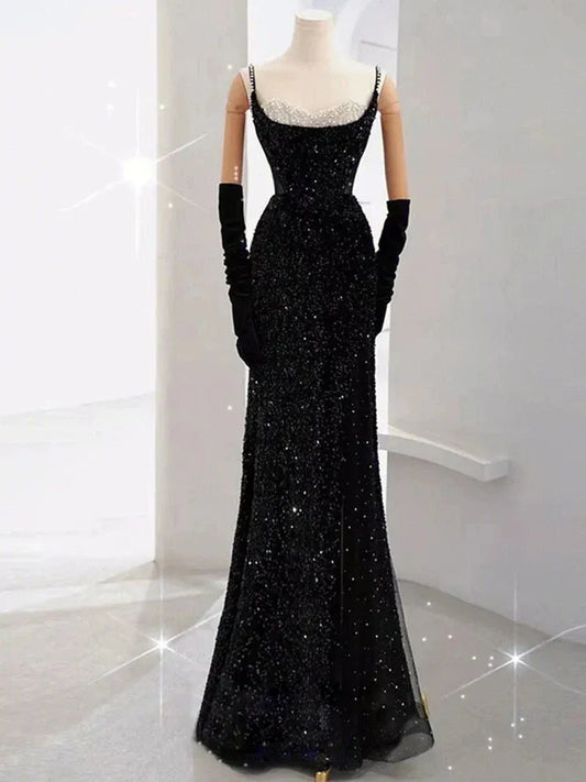 Glamorous Mermaid Spaghetti-Strap Sleeveless Sequin Black Maxi Prom Dress for Women Custom