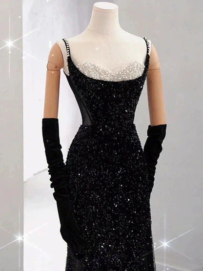 Glamorous Mermaid Spaghetti-Strap Sleeveless Sequin Black Maxi Prom Dress for Women Custom