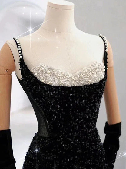 Glamorous Mermaid Spaghetti-Strap Sleeveless Sequin Black Maxi Prom Dress for Women Custom