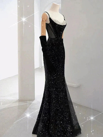 Glamorous Mermaid Spaghetti-Strap Sleeveless Sequin Black Maxi Prom Dress for Women Custom