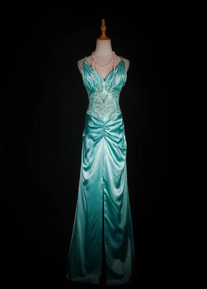 Glamorous Mermaid Spaghetti Beaded Ruched Turquoise Floor Prom Dress For Ladies