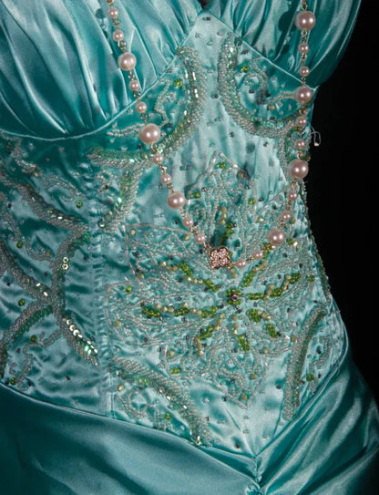 Glamorous Mermaid Spaghetti Beaded Ruched Turquoise Floor Prom Dress For Ladies