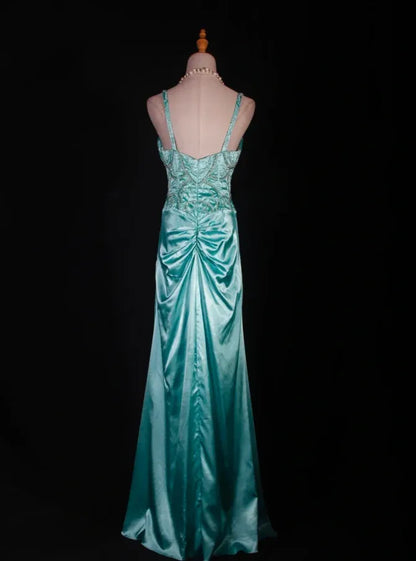 Glamorous Mermaid Spaghetti Beaded Ruched Turquoise Floor Prom Dress For Ladies