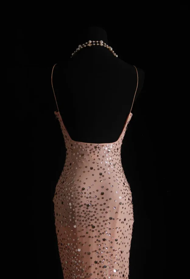 Glamorous Mermaid Spaghetti Strap Beaded Blush Evening Dress For Bride Custom