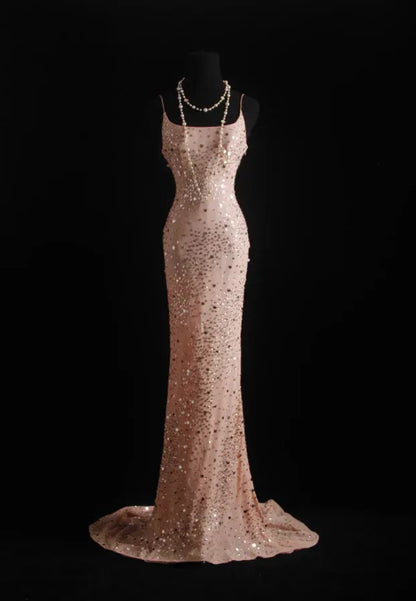 Glamorous Mermaid Spaghetti Strap Beaded Blush Evening Dress For Bride Custom
