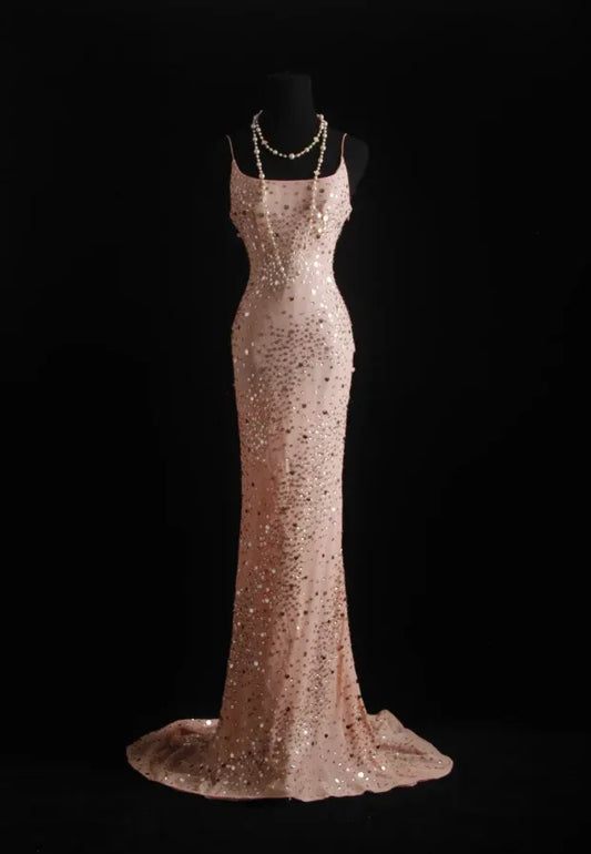 Glamorous Mermaid Spaghetti Strap Beaded Blush Evening Dress For Bride Custom