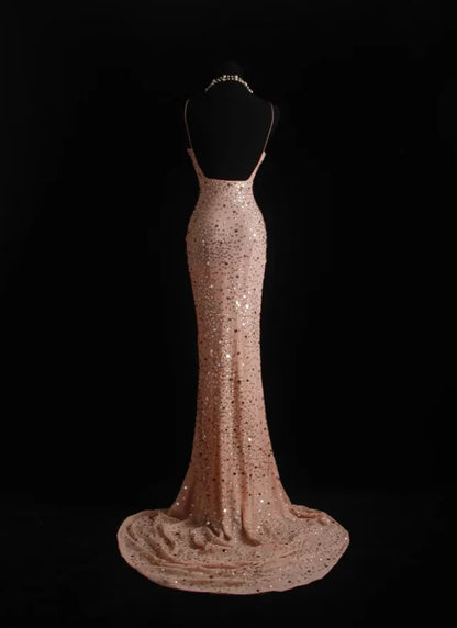 Glamorous Mermaid Spaghetti Strap Beaded Blush Evening Dress For Bride Custom