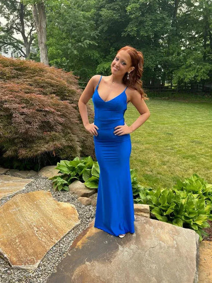 Glamorous Mermaid Spaghetti Strap Open Back Satin Floor Length Prom Gown